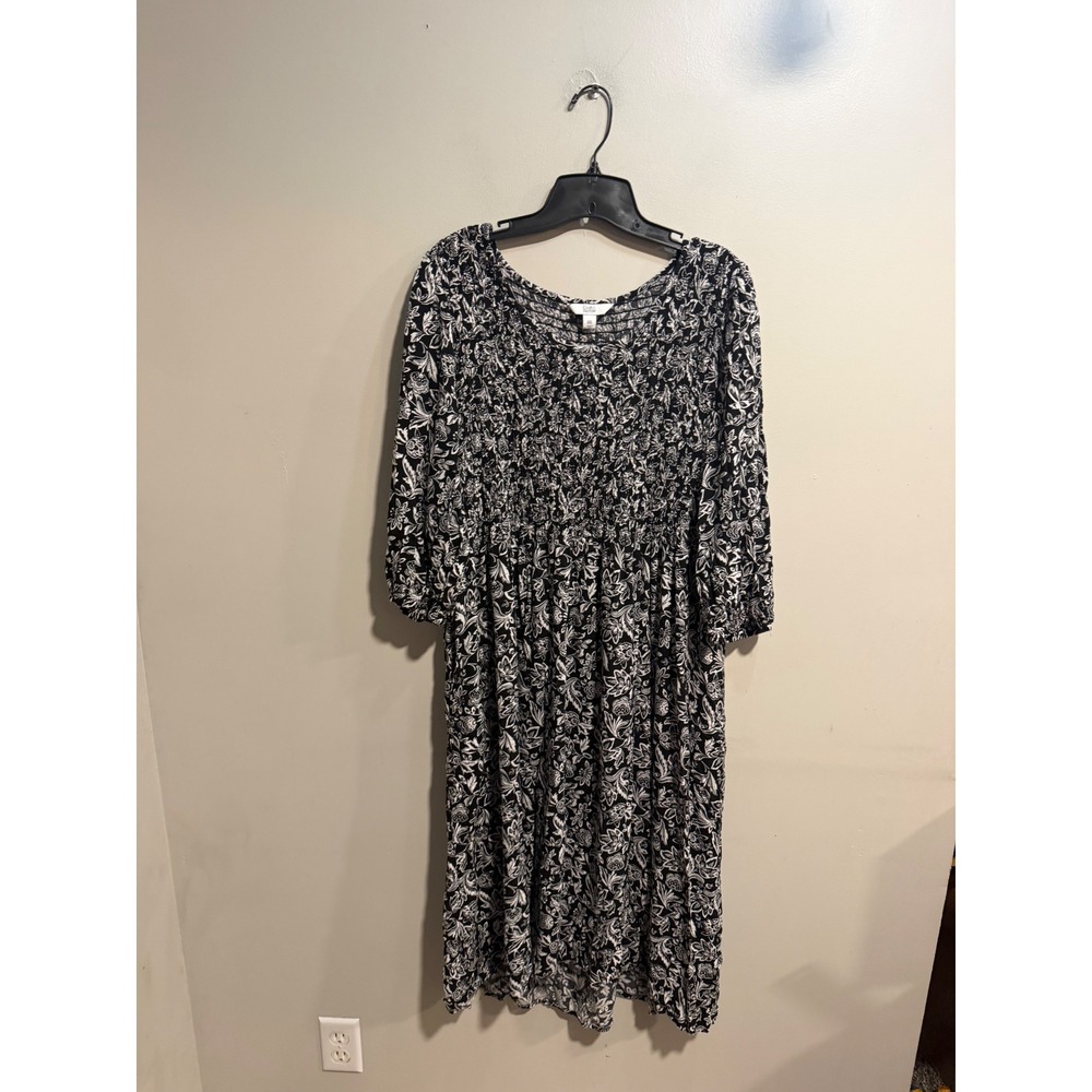 Croft & Barrow Womens XXL Black White Floral Smocked Midi Dress Pockets Rayon
